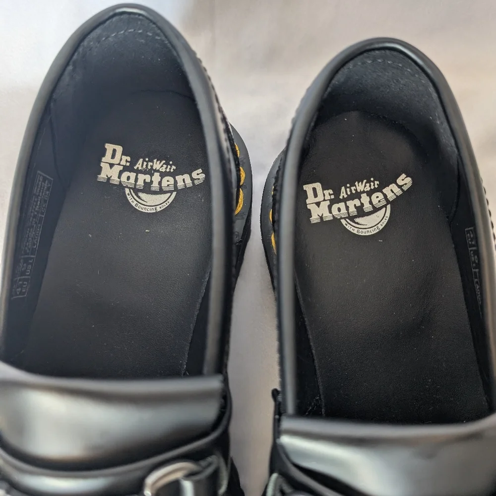 Dr. Martens Adrian Snaffle Quad Black/White Cow Print Horsebit Leather Loafers - Picture 9 of 14